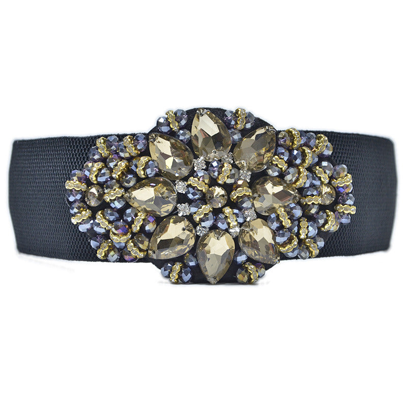 Women Retro Belts Rhinestone Cummerbunds, Floral Crystal Waistband for Female