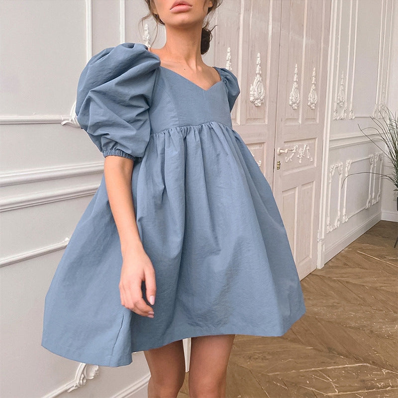 100% Cotton Puff Sleeve Summer Dress Women Casual Solid V-Neck Loose Short Women's Dresses 2021 Elegant A-line Ladies Clothes