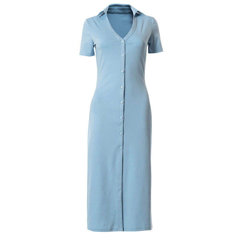 Shirt Dress Women Polo Collar Short Sleeve Blue Female Cardigan Dresses V-Neck Single Breasted Slim Summer Basic Casual Fashion