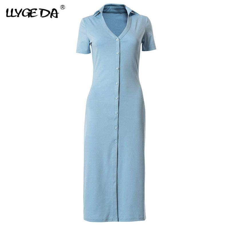 Shirt Dress Women Polo Collar Short Sleeve Blue Female Cardigan Dresses V-Neck Single Breasted Slim Summer Basic Casual Fashion