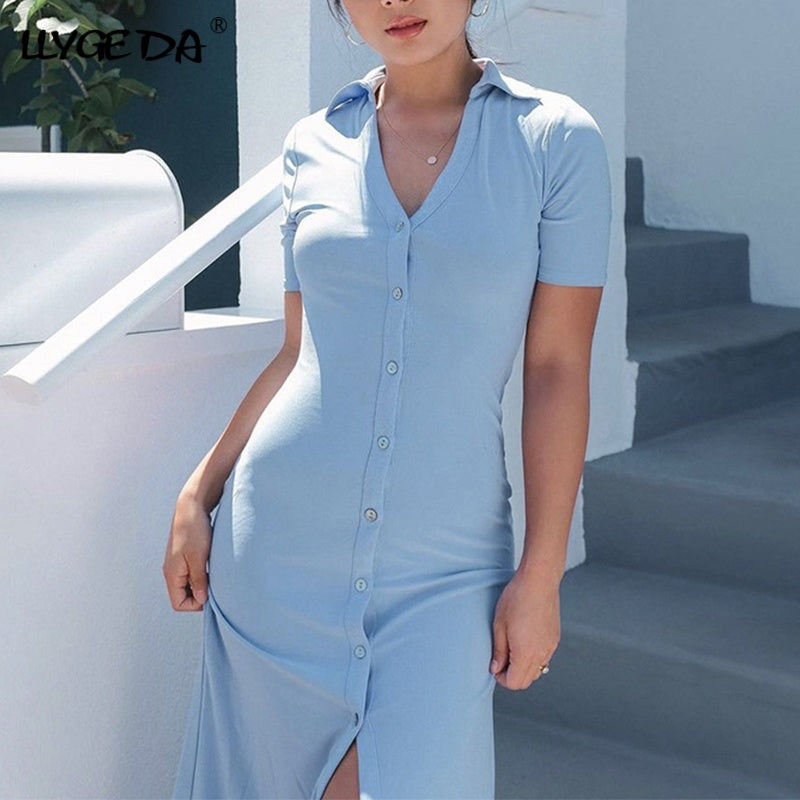 Shirt Dress Women Polo Collar Short Sleeve Blue Female Cardigan Dresses V-Neck Single Breasted Slim Summer Basic Casual Fashion