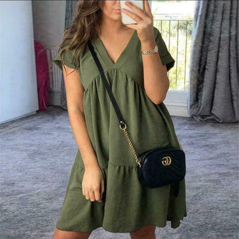 Sexy Pleated Summer Women's Dress 2021 Short Sleeve Patchwork A-line V-neck Solid Female Loose Dresses Woman Casual Lady Clothes