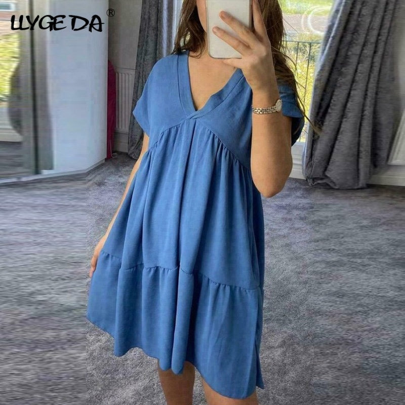 Sexy Pleated Summer Women's Dress 2021 Short Sleeve Patchwork A-line V-neck Solid Female Loose Dresses Woman Casual Lady Clothes