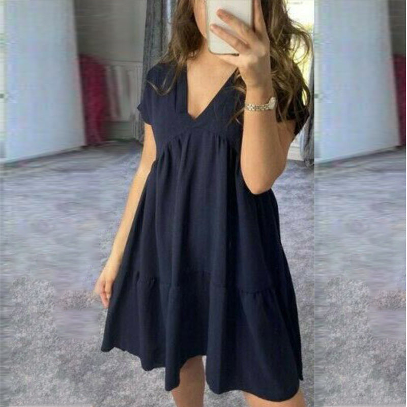 Sexy Pleated Summer Women's Dress 2021 Short Sleeve Patchwork A-line V-neck Solid Female Loose Dresses Woman Casual Lady Clothes