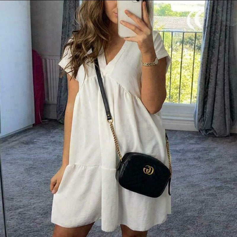 Sexy Pleated Summer Women's Dress 2021 Short Sleeve Patchwork A-line V-neck Solid Female Loose Dresses Woman Casual Lady Clothes