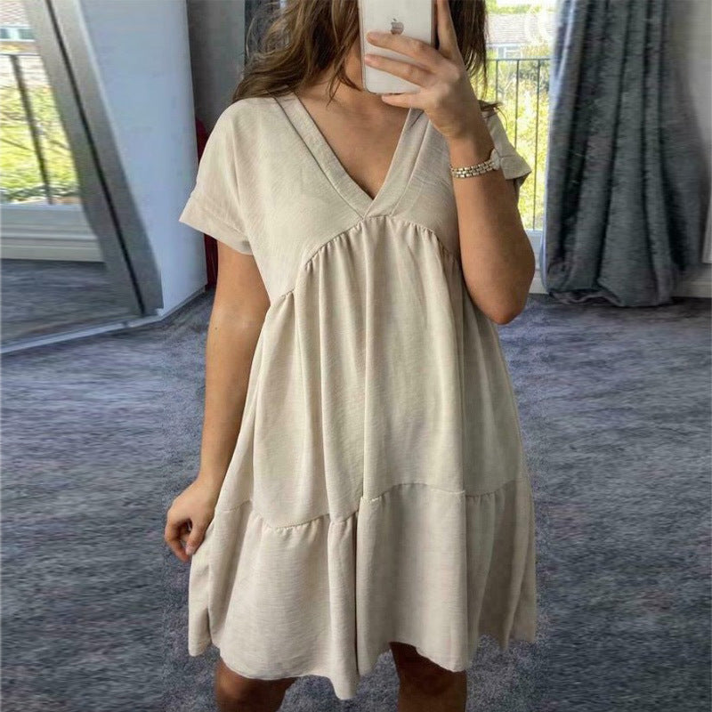 Sexy Pleated Summer Women's Dress 2021 Short Sleeve Patchwork A-line V-neck Solid Female Loose Dresses Woman Casual Lady Clothes