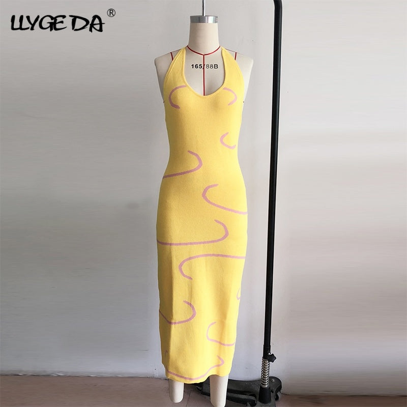 Knitted Halter Summer Dress Women U-Neck Sleeveless Backless Female Midi Lace Up Dresses 2021 Fashion Ladies Sexy Yellow Vestido