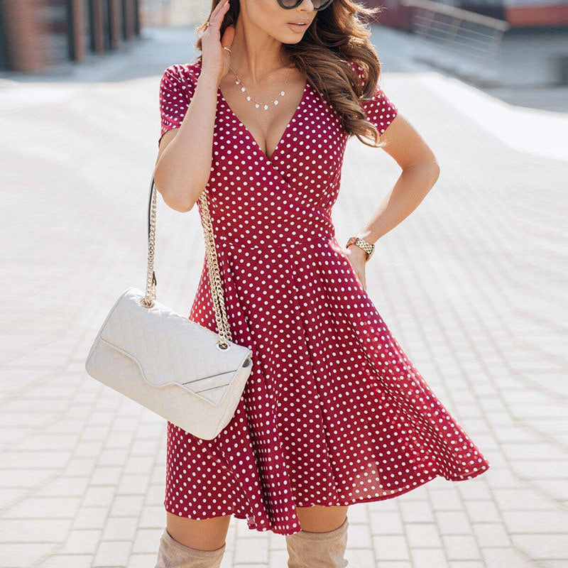 V-Neck Polka Dot Short Sleeve Midi Dress Women Natural Waist Hip A Line Dresses Female Summer 2021 Print Elegant Ladies Clothes