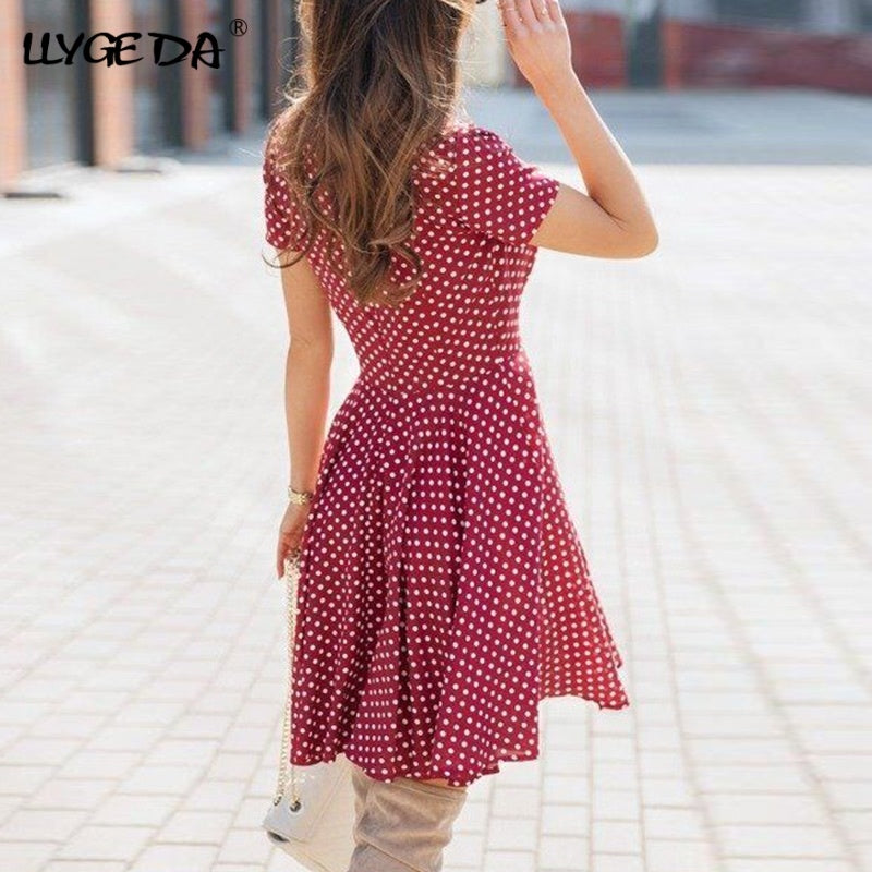 V-Neck Polka Dot Short Sleeve Midi Dress Women Natural Waist Hip A Line Dresses Female Summer 2021 Print Elegant Ladies Clothes