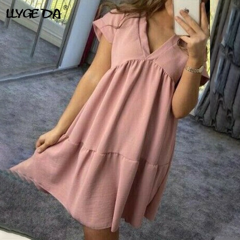 Sexy Pleated Summer Women's Dress 2021 Short Sleeve Patchwork A-line V-neck Solid Female Loose Dresses Woman Casual Lady Clothes