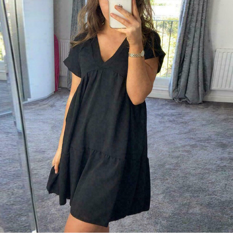 Sexy Pleated Summer Women's Dress 2021 Short Sleeve Patchwork A-line V-neck Solid Female Loose Dresses Woman Casual Lady Clothes