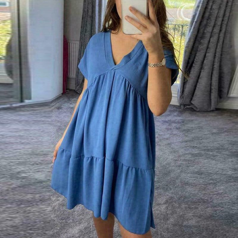 Sexy Pleated Summer Women's Dress 2021 Short Sleeve Patchwork A-line V-neck Solid Female Loose Dresses Woman Casual Lady Clothes