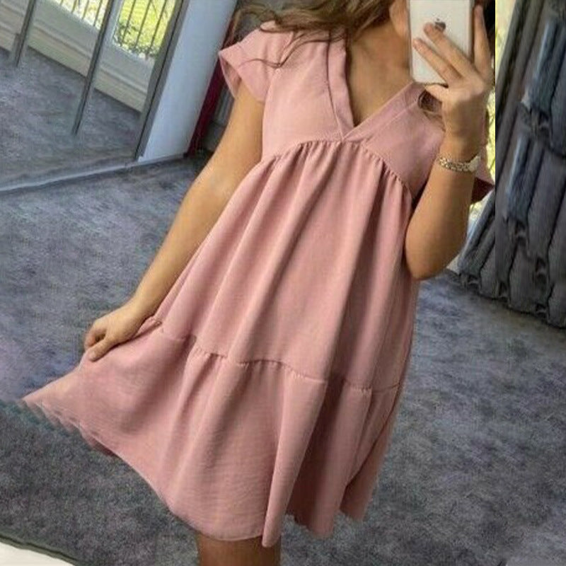 Sexy Pleated Summer Women's Dress 2021 Short Sleeve Patchwork A-line V-neck Solid Female Loose Dresses Woman Casual Lady Clothes