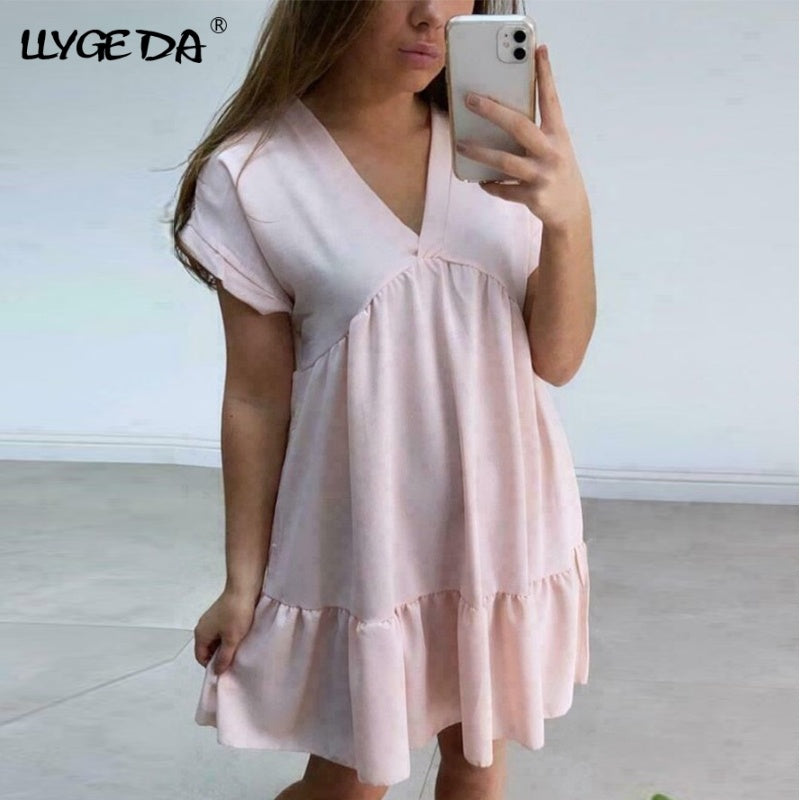 Sexy Pleated Summer Women's Dress 2021 Short Sleeve Patchwork A-line V-neck Solid Female Loose Dresses Woman Casual Lady Clothes