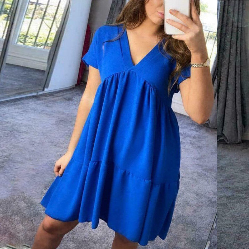 Sexy Pleated Summer Women's Dress 2021 Short Sleeve Patchwork A-line V-neck Solid Female Loose Dresses Woman Casual Lady Clothes