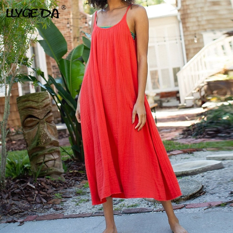 Oversize A-line Long Summer Dress Woman Slip Loose Casual Sleeveless Dresses For Women 2021 New Vacation Fashion Ladies Clothing