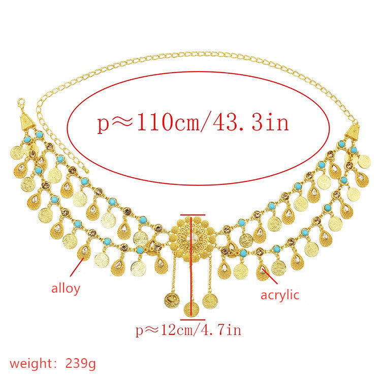 Tassel waist chain Bohemian coin retro ethnic style alloy point drill belly dance waist ornament