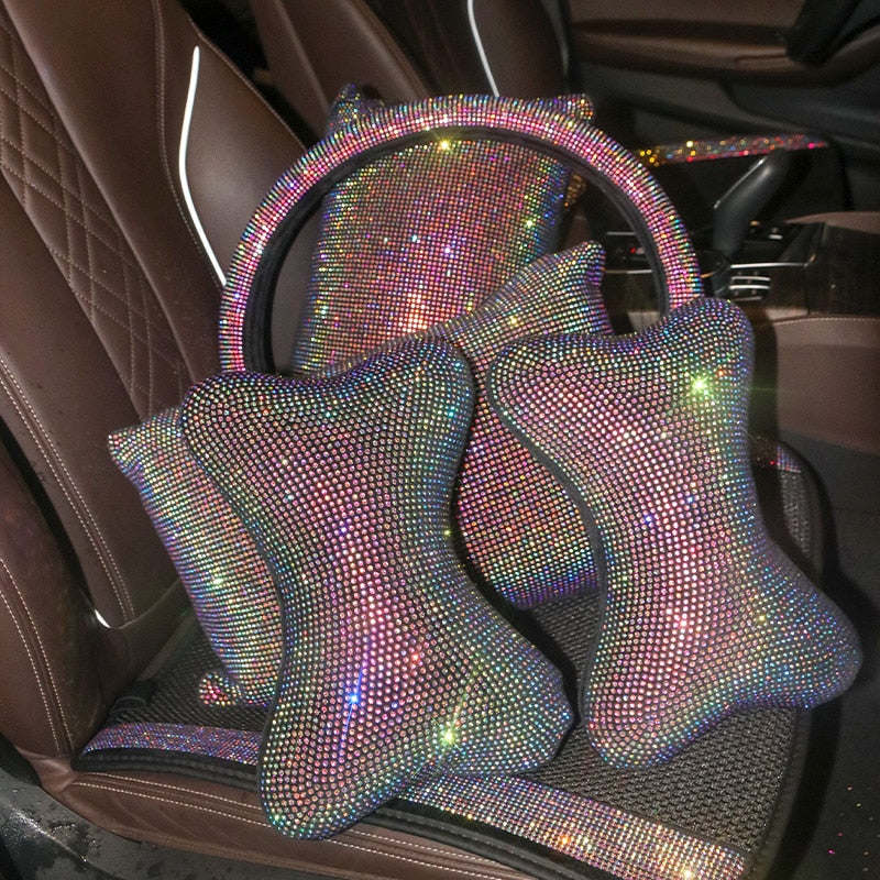 Car Bling Accessories for Woman Interior Set Styling Rhinestone Headrest Pillows Back Support Seat Cushion Pain Relief Sparkly