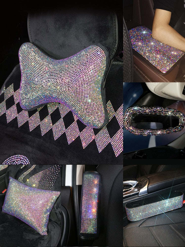 Car Bling Accessories for Woman Interior Set Styling Rhinestone Headrest Pillows Back Support Seat Cushion Pain Relief Sparkly