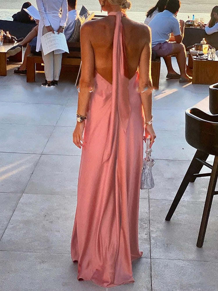 Women Summer Off Shoulder Solid Long Dress Elegant Casual Halter Dress Backless Boho Beach Dresses