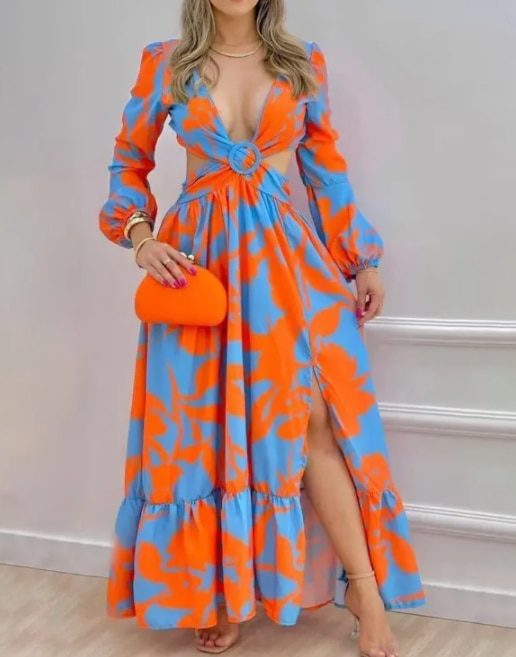 Spring Women Long Sleeved Cutout V-Neck Twist Summer Elegant Floral Thigh Maxi Dress