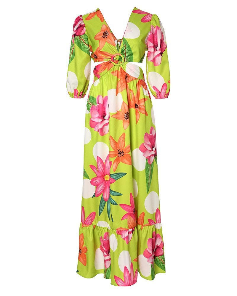 Spring Women Long Sleeved Cutout V-Neck Twist Summer Elegant Floral Thigh Maxi Dress