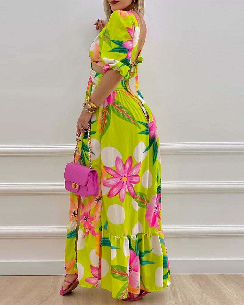 Spring Women Long Sleeved Cutout V-Neck Twist Summer Elegant Floral Thigh Maxi Dress