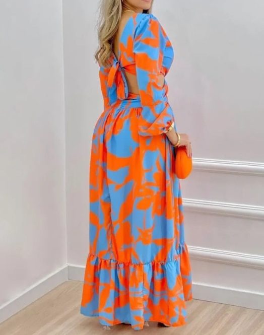 Spring Women Long Sleeved Cutout V-Neck Twist Summer Elegant Floral Thigh Maxi Dress