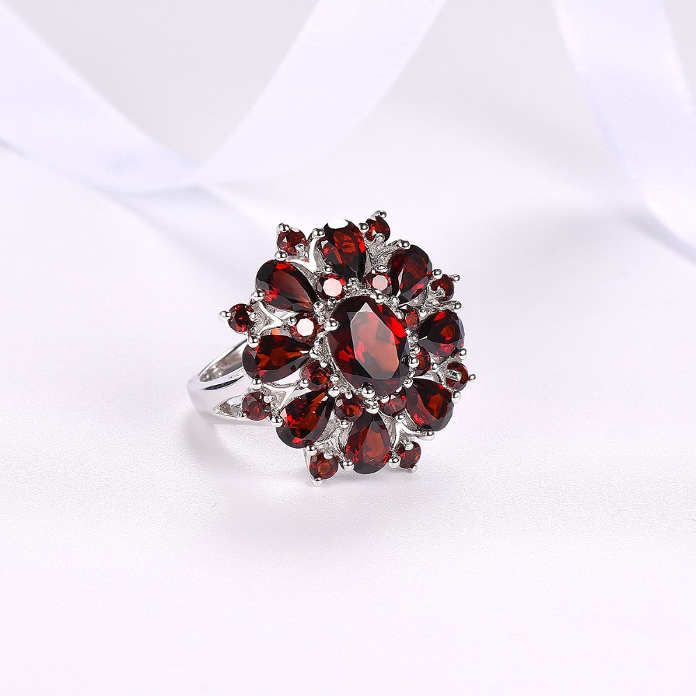 Classic Women Ring Plated Silver Jewelry with Ruby Gemstone Flower Shape Finger Rings for Wedding Party Gifts Accessories