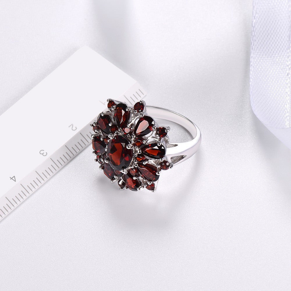 Classic Women Ring Plated Silver Jewelry with Ruby Gemstone Flower Shape Finger Rings for Wedding Party Gifts Accessories