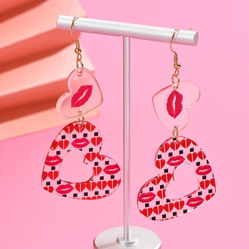 Transparent Statement Drop Earrings With Lips Pattern Hollow Heart Shape Pendant Hook Earrings For Party Or Vacation 1 Pair Valentine's Day Ear Jewelry