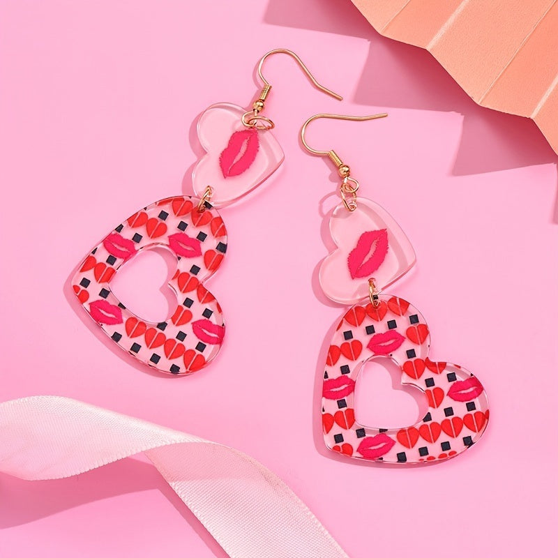 Transparent Statement Drop Earrings With Lips Pattern Hollow Heart Shape Pendant Hook Earrings For Party Or Vacation 1 Pair Valentine's Day Ear Jewelry