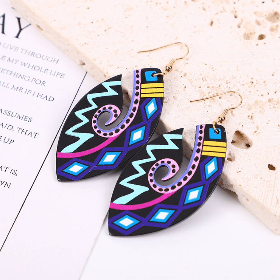 Oval Shape Acrylic Drop Earrings Vintage Boho Style Pattern Geometric Shape Pendant Hook Earrings Temperament Bohemian Ear Jewelry Holiday Style