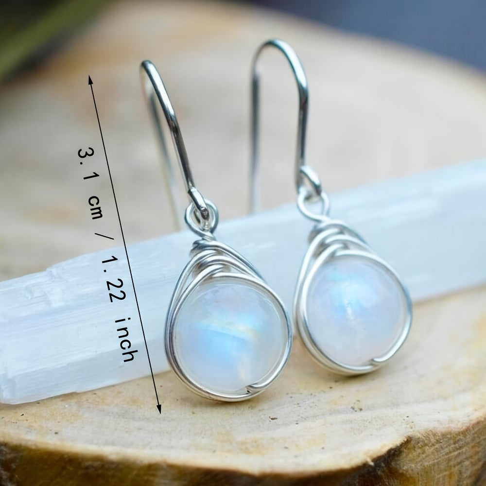 Vintage 925 Silver Hook Natural Stone Drop Earring For Women Pendant Ear Drop Stone Jewelry