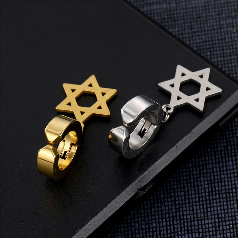 Titanium Steel Six-star Pendant Ear Clip; Ear Buckle Cross Pendant Earrings For Men And Women