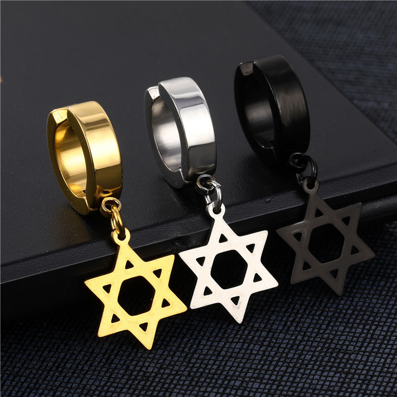 Titanium Steel Six-star Pendant Ear Clip; Ear Buckle Cross Pendant Earrings For Men And Women