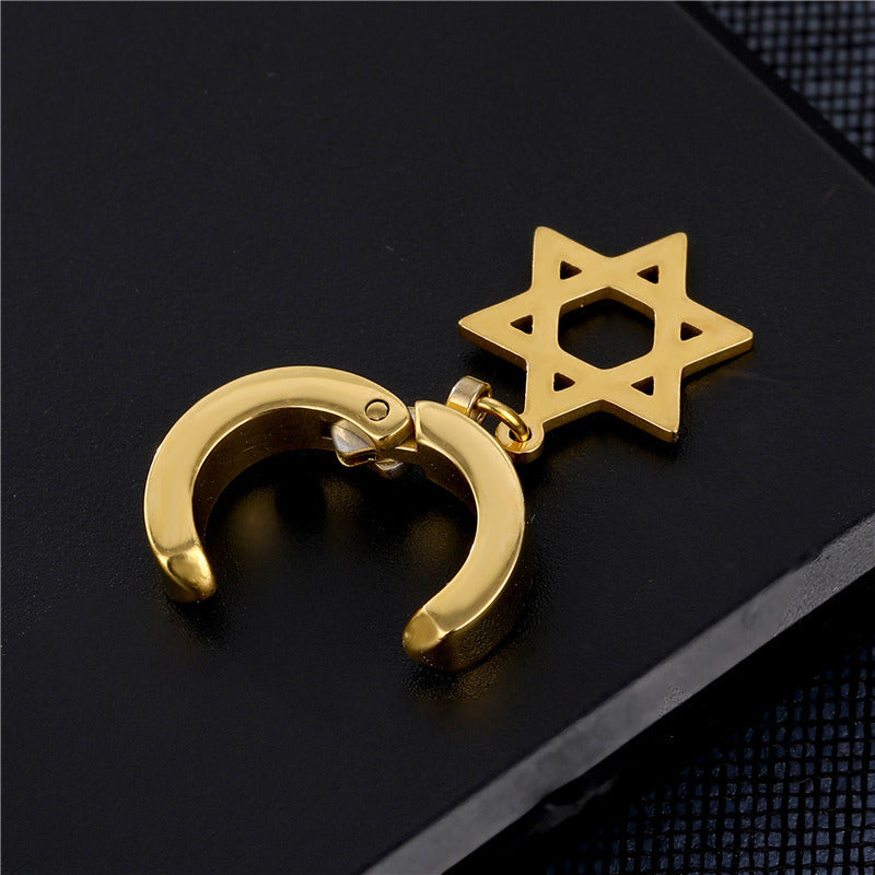 Titanium Steel Six-star Pendant Ear Clip; Ear Buckle Cross Pendant Earrings For Men And Women