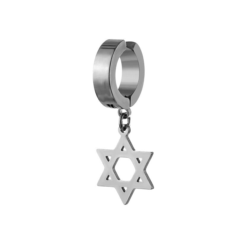 Titanium Steel Six-star Pendant Ear Clip; Ear Buckle Cross Pendant Earrings For Men And Women