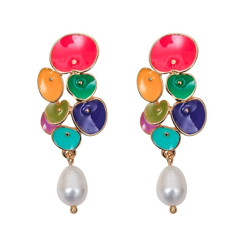 Colorful Delicate Drop Earrings With Faux Pearl Pendant Boho Style Dangle Earrings Sweet Ear Decoration Summer Party Decor