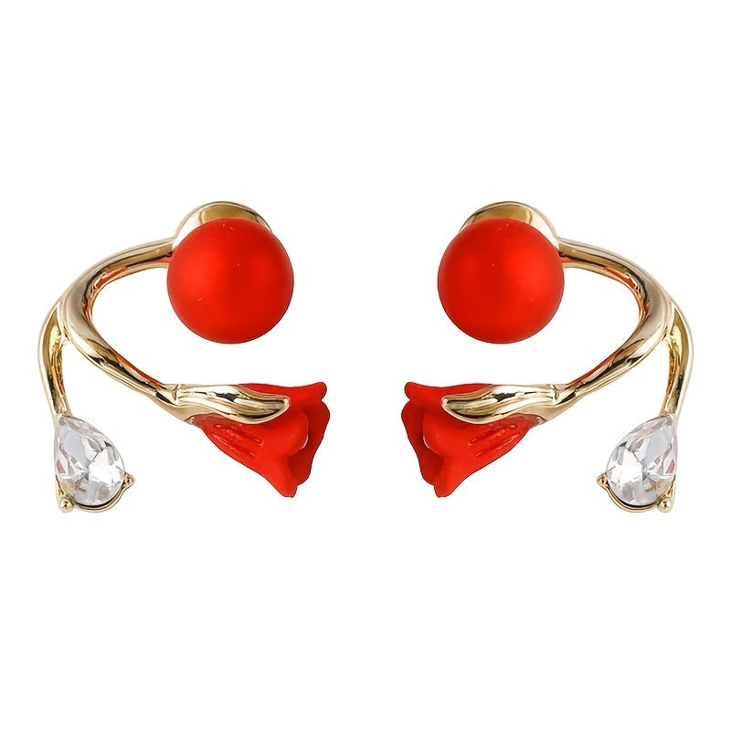 New Year Festive Red Faux Pearl Tulip Flower Earrings For Women Girls