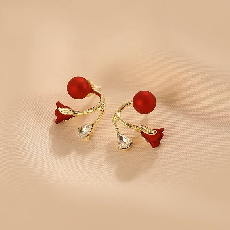 New Year Festive Red Faux Pearl Tulip Flower Earrings For Women Girls