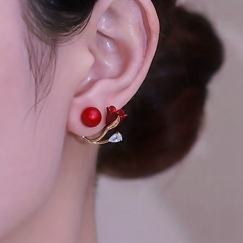 New Year Festive Red Faux Pearl Tulip Flower Earrings For Women Girls