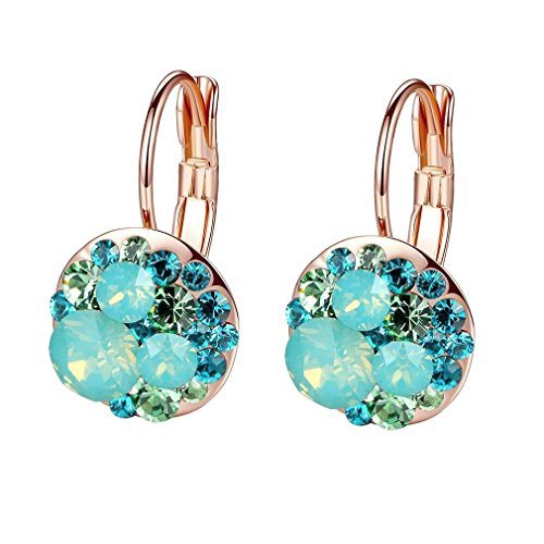 Multicolored Austrian Crystal Leverback Earrings for Women 14K Gold Plated Dangle Hoop Earrings Hypoallergenic Jewelry