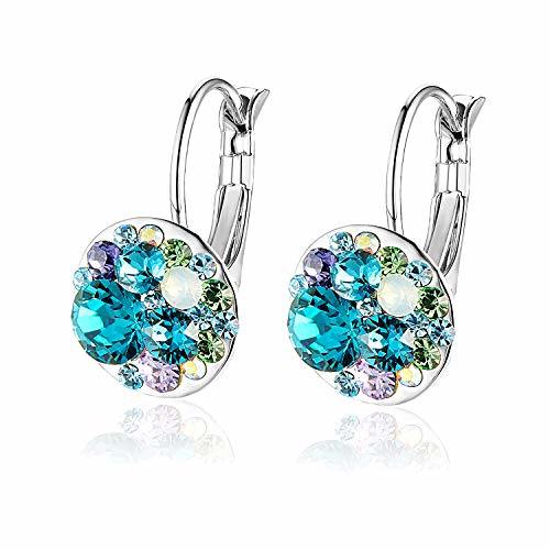 Multicolored Austrian Crystal Leverback Earrings for Women 14K Gold Plated Dangle Hoop Earrings Hypoallergenic Jewelry