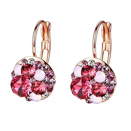 Multicolored Austrian Crystal Leverback Earrings for Women 14K Gold Plated Dangle Hoop Earrings Hypoallergenic Jewelry