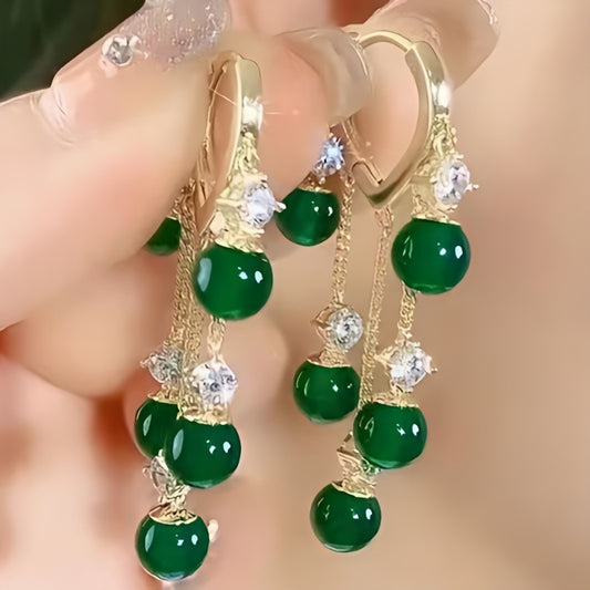 1 Pair Of Emerald Cat Eye Stone Tassel Earrings, Women's Jewelry