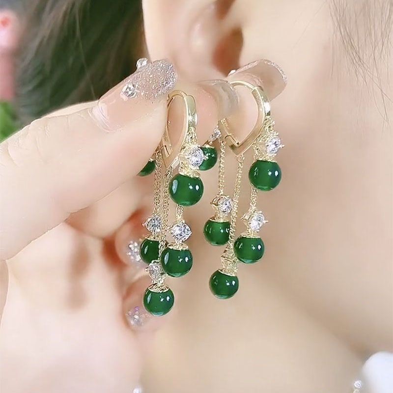 1 Pair Of Emerald Cat Eye Stone Tassel Earrings, Women's Jewelry