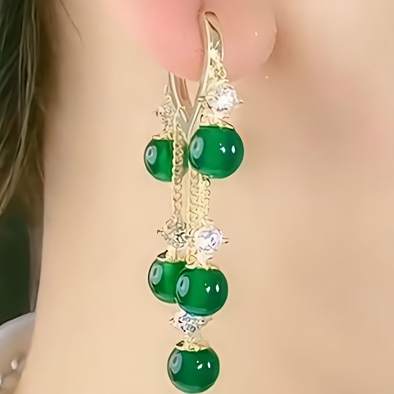 1 Pair Of Emerald Cat Eye Stone Tassel Earrings, Women's Jewelry