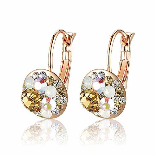 Multicolored Austrian Crystal Leverback Earrings for Women 14K Gold Plated Dangle Hoop Earrings Hypoallergenic Jewelry