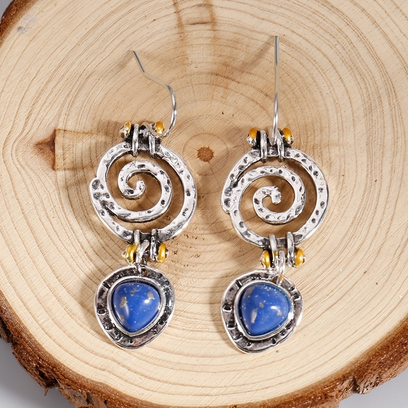 Boho Dangle Earrings Blue Spiral Hollow Stone Antique Tribal Jewelry Women Ethnic Earrings Swirl Antique Silver Color